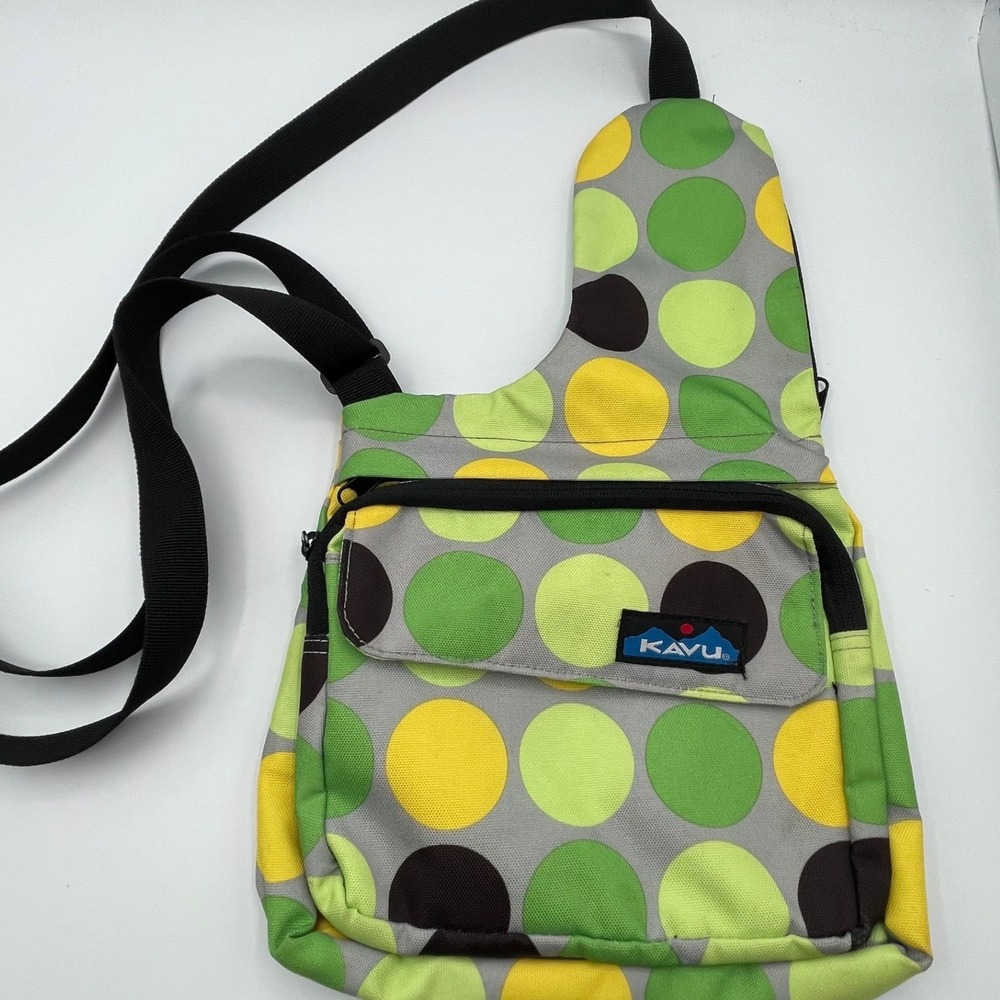 KAVU Keepalong Crossbody Bag Grey Green Yellow Polka Dot Adjustable Strap